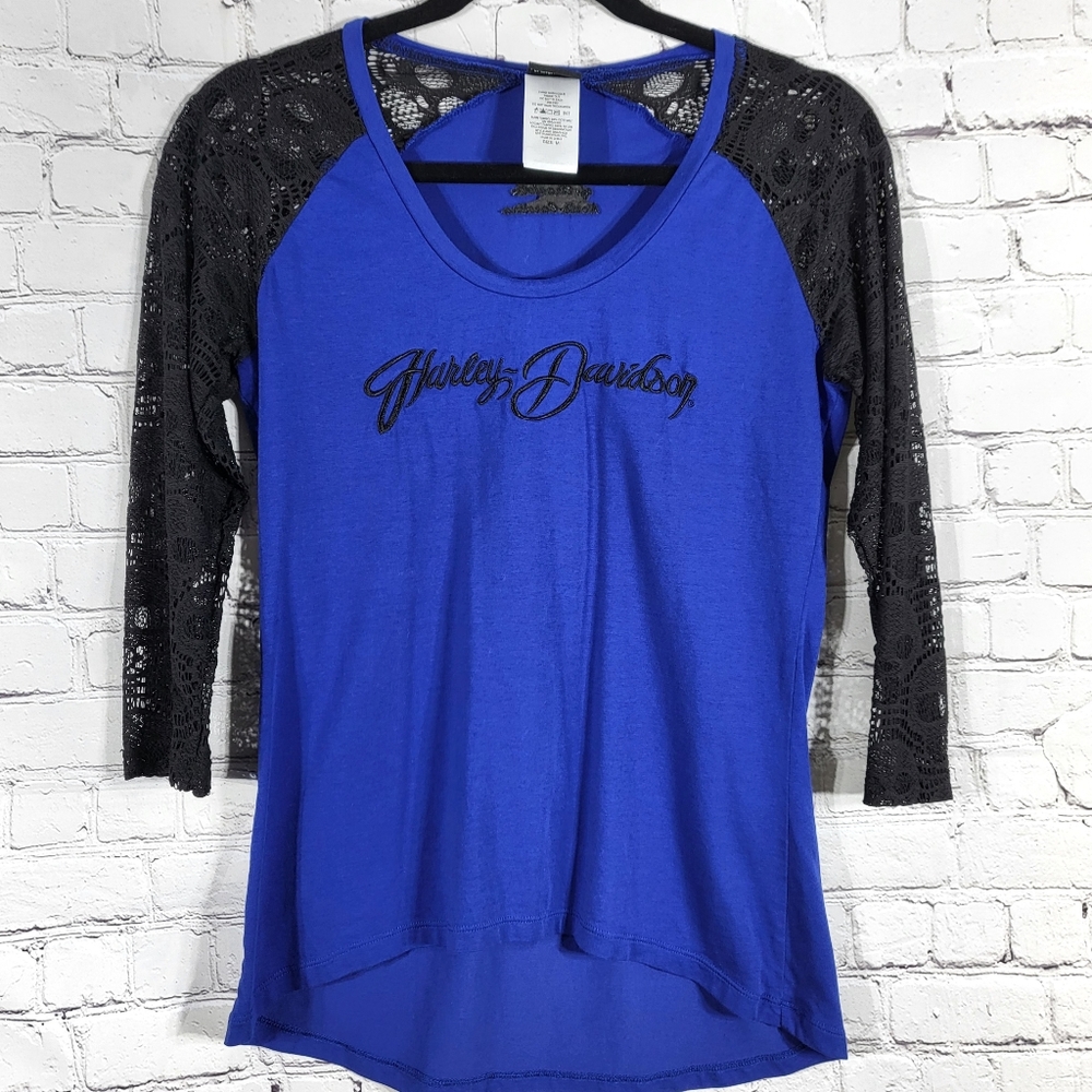 Harley Davidson Longsleeve Blue Black Lace Top Skulls Medium
